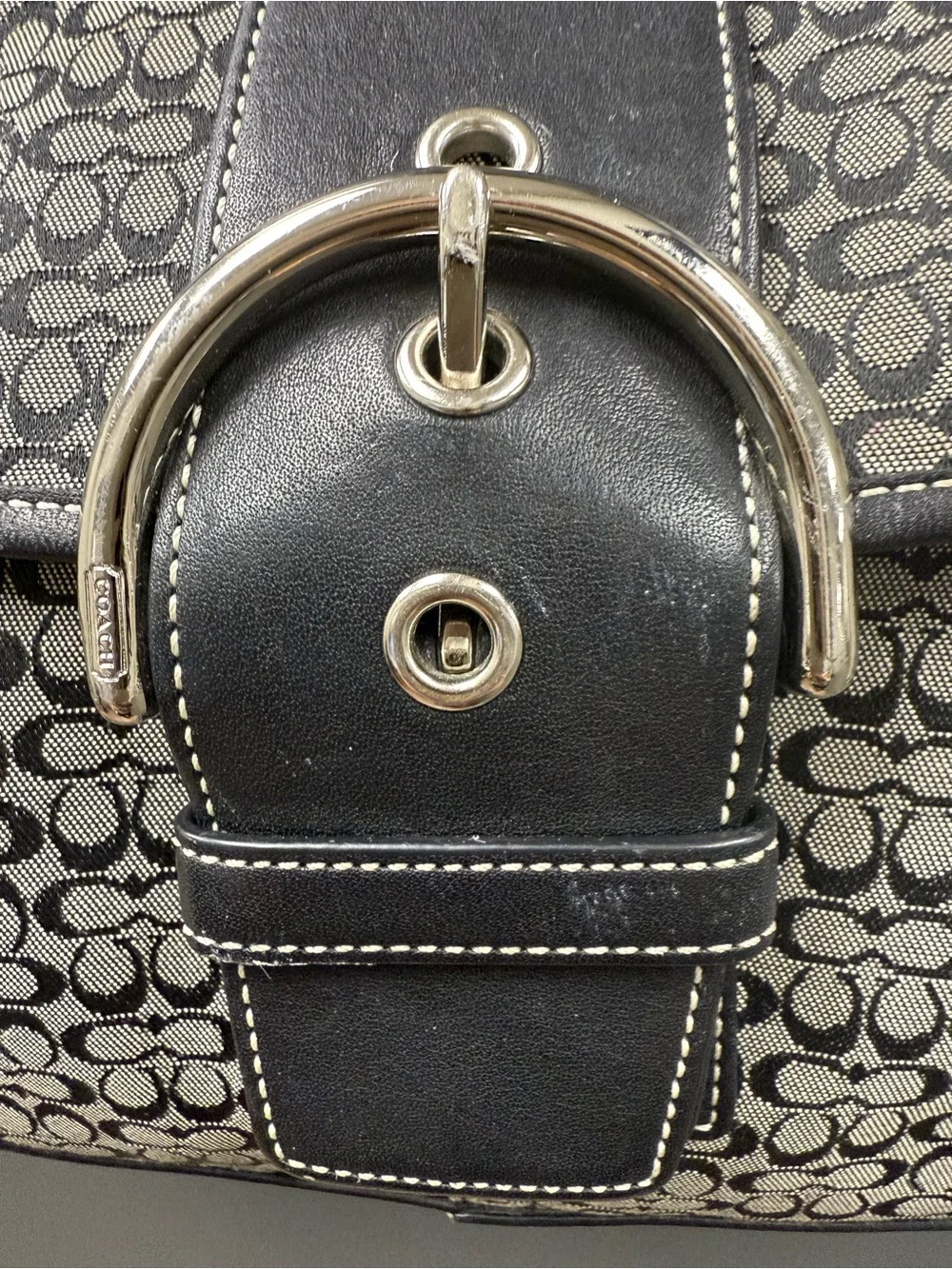 Coach Black and Gray Mini C Signature SoHo Buckle Flap Hobo-EUC